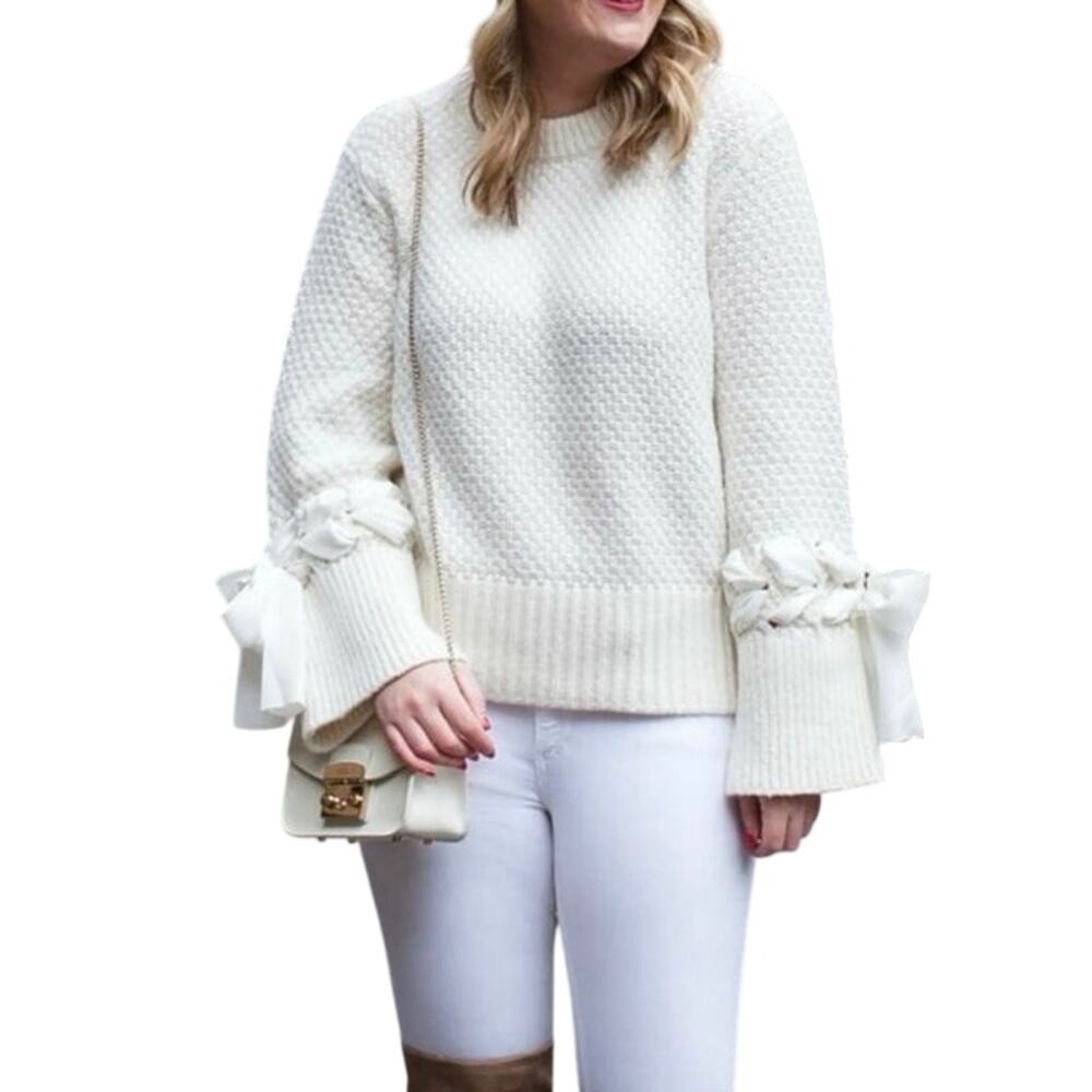 Club Monaco Weronika Wool Blend Ribbon Pullover Sweater size Small Cream